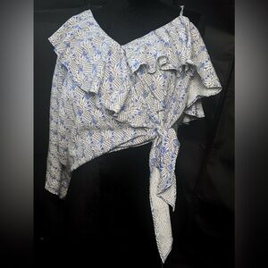 MAEVE ONE SHOULDER SLEEVE WHITE BLUE BLACK PINEAPPLE PRINT WRAP TIE CROP TOP MED